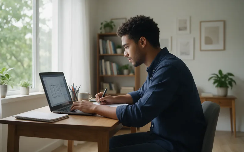 Prestador de serviços trabalha no notebook em um pequeno escritório em casa, com anotações ao lado