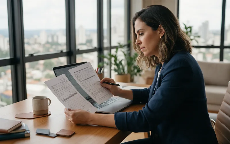 Empreendedora compara dois formulários na mesa do escritório antes de decidir o tipo jurídico da nova empresa