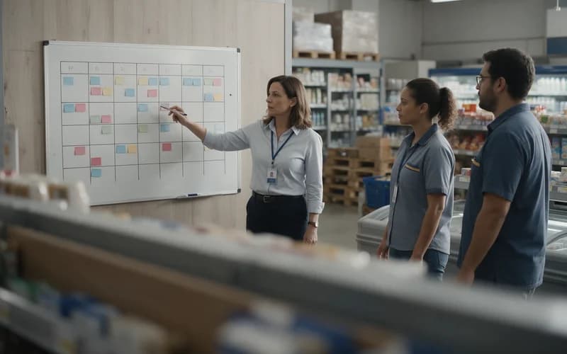 Equipe de uma operação de varejo reunida diante de um quadro de turnos, com a gestora organizando os cartões da semana