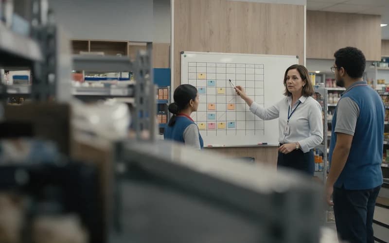 Gerente de loja organiza a escala da equipe em um quadro, com funcionários trabalhando ao fundo