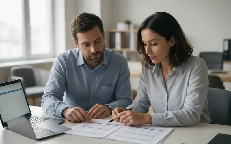 Sócios de pequena empresa analisam relatório financeiro impresso e planilha na tela, em mesa de escritório