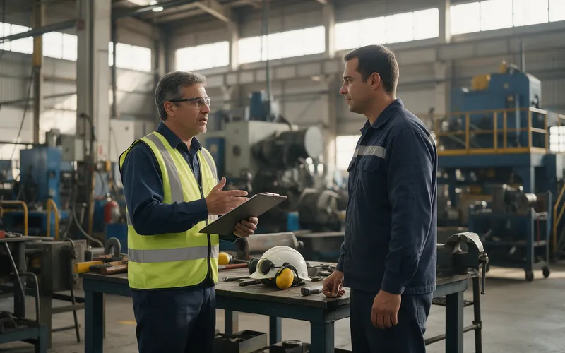 Técnico de segurança do trabalho confere equipamentos de proteção com operador em área industrial
