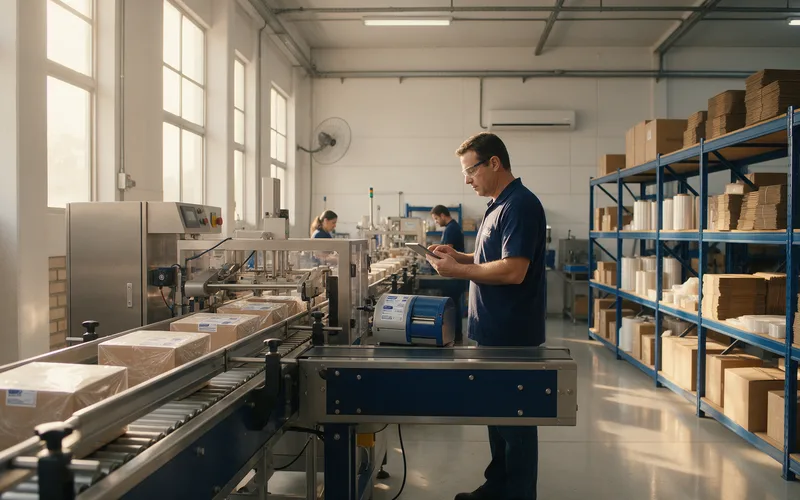 Fundador de uma pequena indústria confere a linha de produção com um tablet no galpão