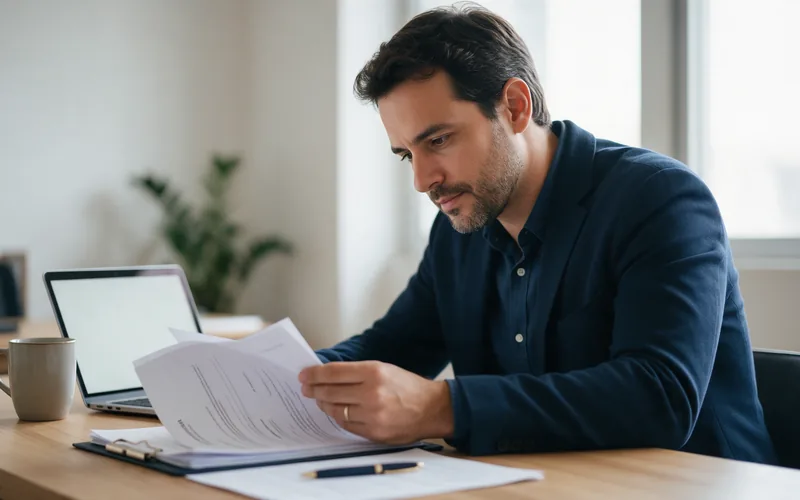 Empreendedor confere documentos de abertura de empresa no notebook, em mesa de escritório