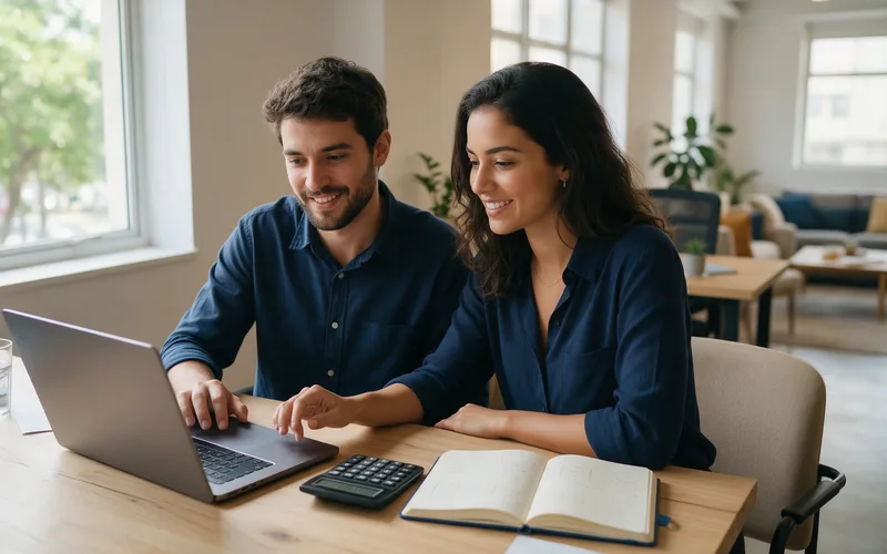Casal de empreendedores monta o orçamento da abertura da empresa no notebook, com calculadora e caderno na mesa