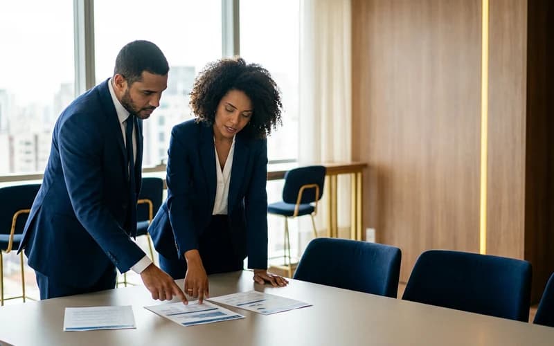 Dois profissionais comparam relatórios impressos sobre a mesa de uma sala de reunião