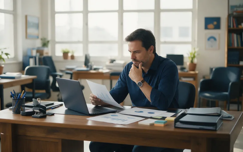 Empresário analisa relatórios da empresa na mesa do escritório, pensativo, antes de tomar uma decisão