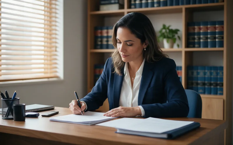 Advogada assina documentos sozinha na mesa do escritório, com livros de direito na estante ao fundo