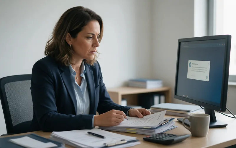 Empresária lê notificação fiscal na tela do computador, com documentos e calculadora sobre a mesa