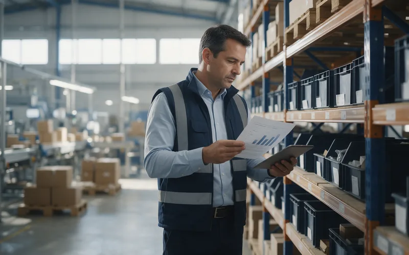 Gestor industrial confere relatórios de estoque ao lado da linha de produção, com tablet na mão