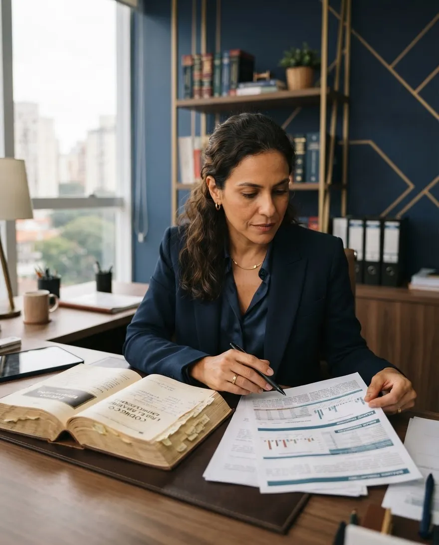 Advogada revisa um relatório financeiro ao lado de um livro de legislação