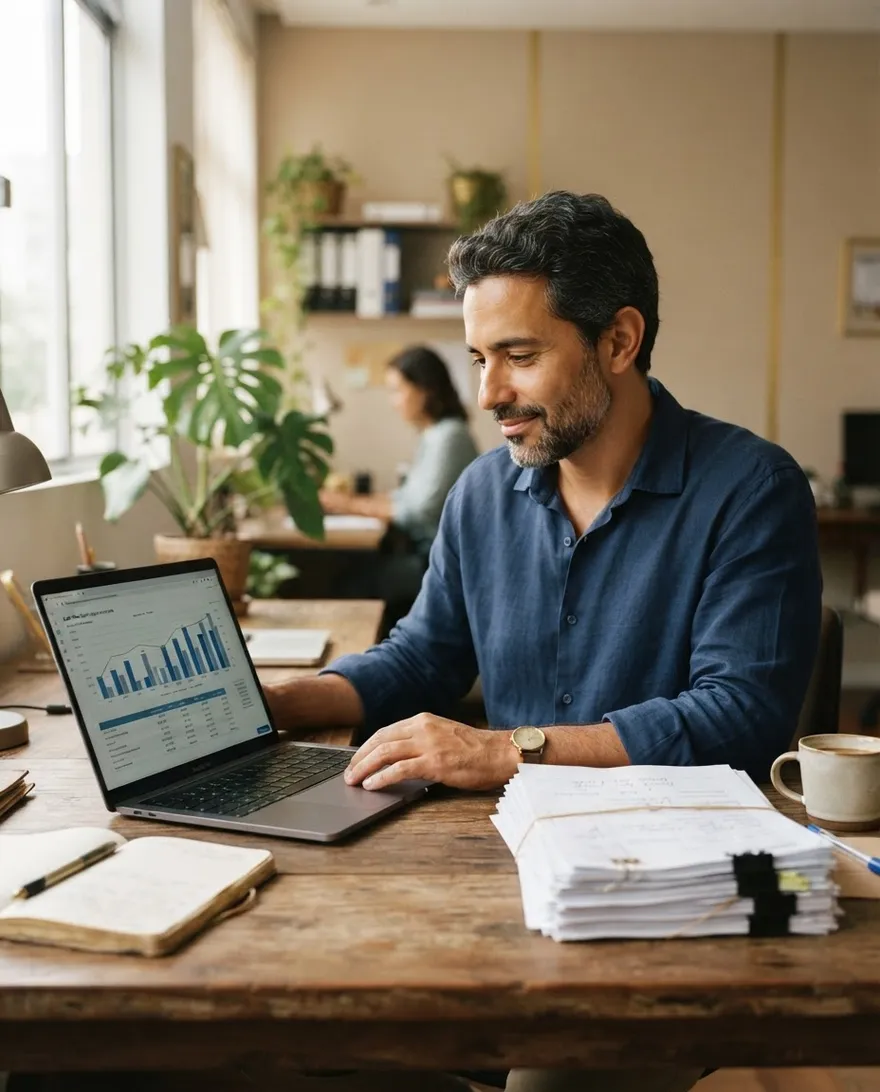 Empresário revisa o fluxo de caixa no notebook ao lado de notas pagas