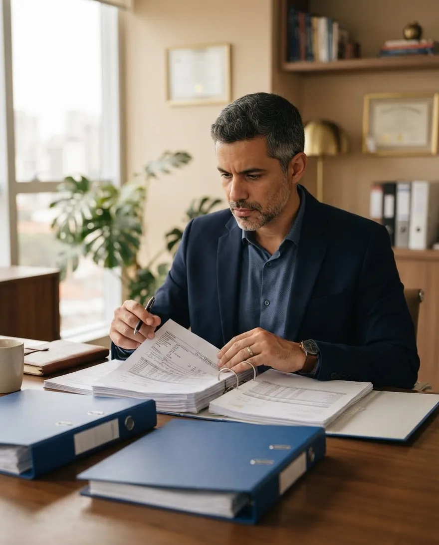 Empresário revisa fichários com a contabilidade dos últimos anos
