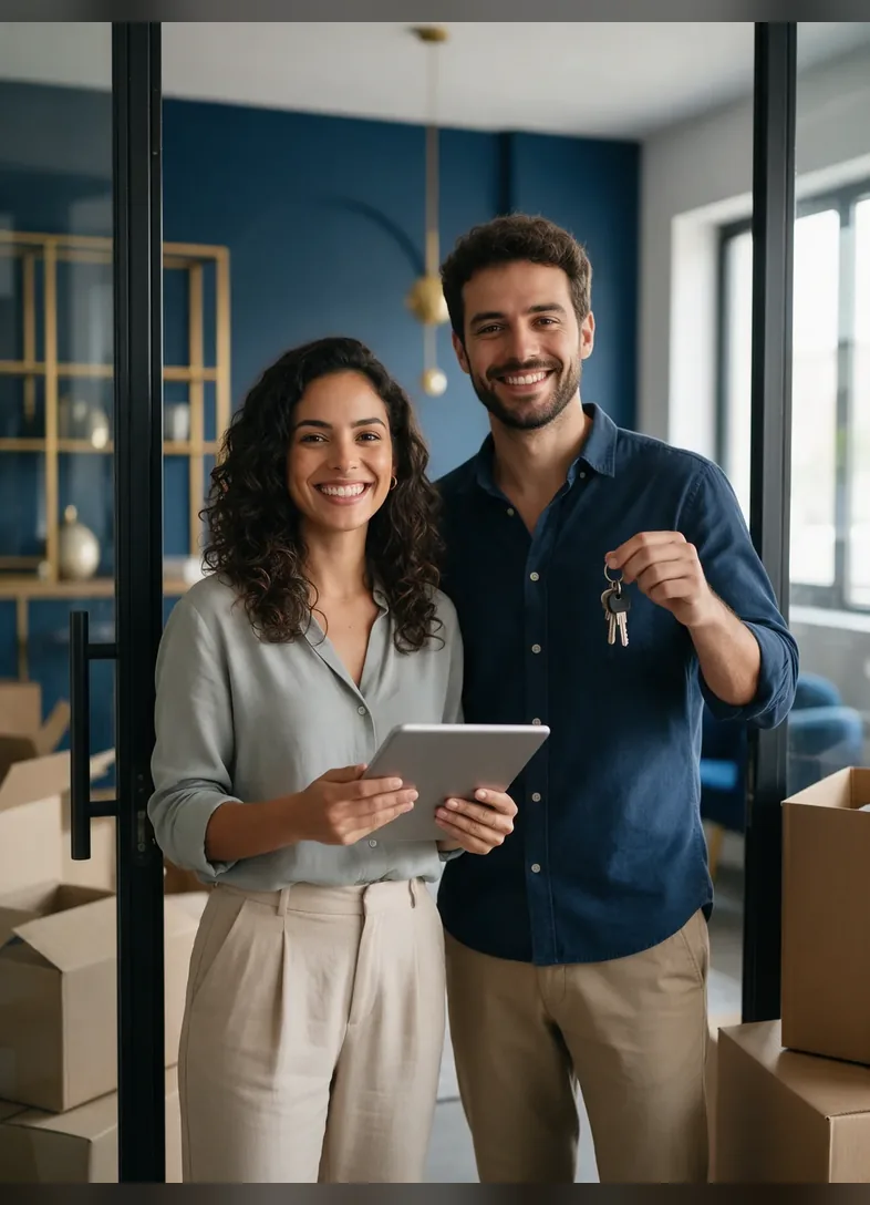 Dois empreendedores com as chaves e um tablet no primeiro dia do novo negócio