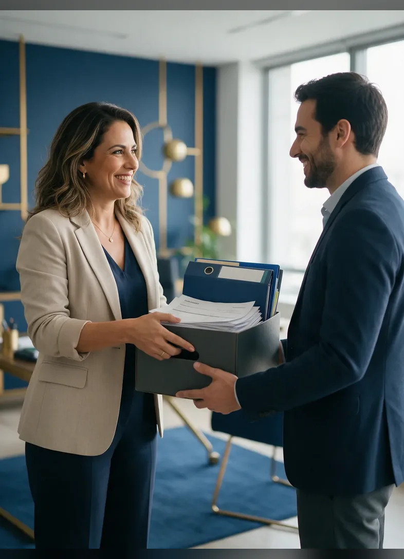 Empresária entregando a caixa de pastas contábeis ao novo contador